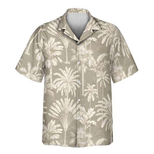 Sleek custom Hawaiian shirts with faces on them, showcasing monochrome tropical tree designs in grey and ivory, ideal for a timeless, lightweight look.