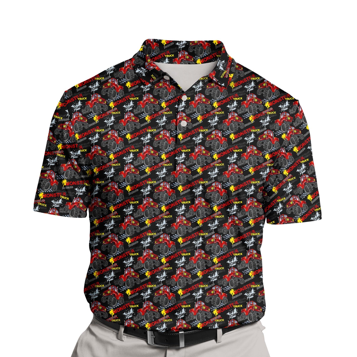 Vibrant monster truck design on funny golf shirts with faces on them.