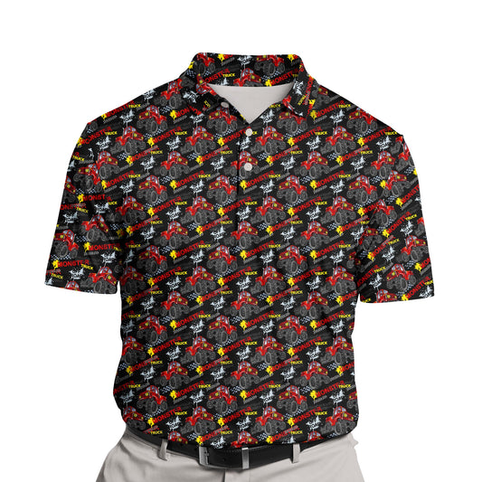 Vibrant monster truck design on funny golf shirts with faces on them.