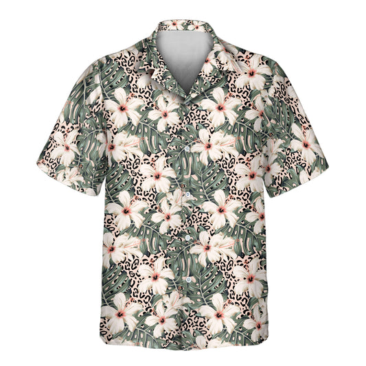 Shirts with faces on them, tropical custom Hawaiian shirts with lush monstera leaves, cream hibiscus flowers, and a chic leopard-print background.