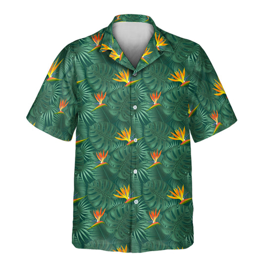 Exotic custom Hawaiian shirts featuring monstera leaves and bird of paradise flowers—colorful shirts with faces on them perfect for summer and beach days.