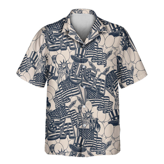 Patriotic custom Hawaiian shirts with faces on them, showcasing retro-inspired USA designs in classic navy and ivory, ideal for national events and celebrations.