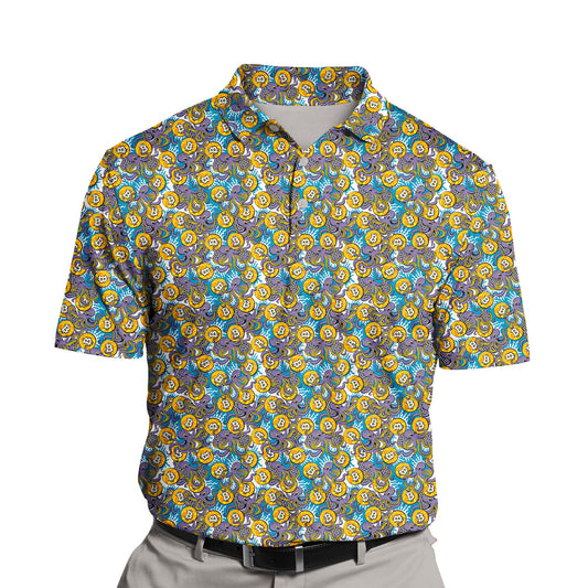 Custom funny golf shirts with faces and marine life-inspired logos.