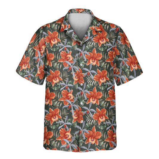 Stand out in custom Hawaiian shirts with bold orange and lavender orchids, lush foliage, and a paradise feel—unique shirts with faces on them.