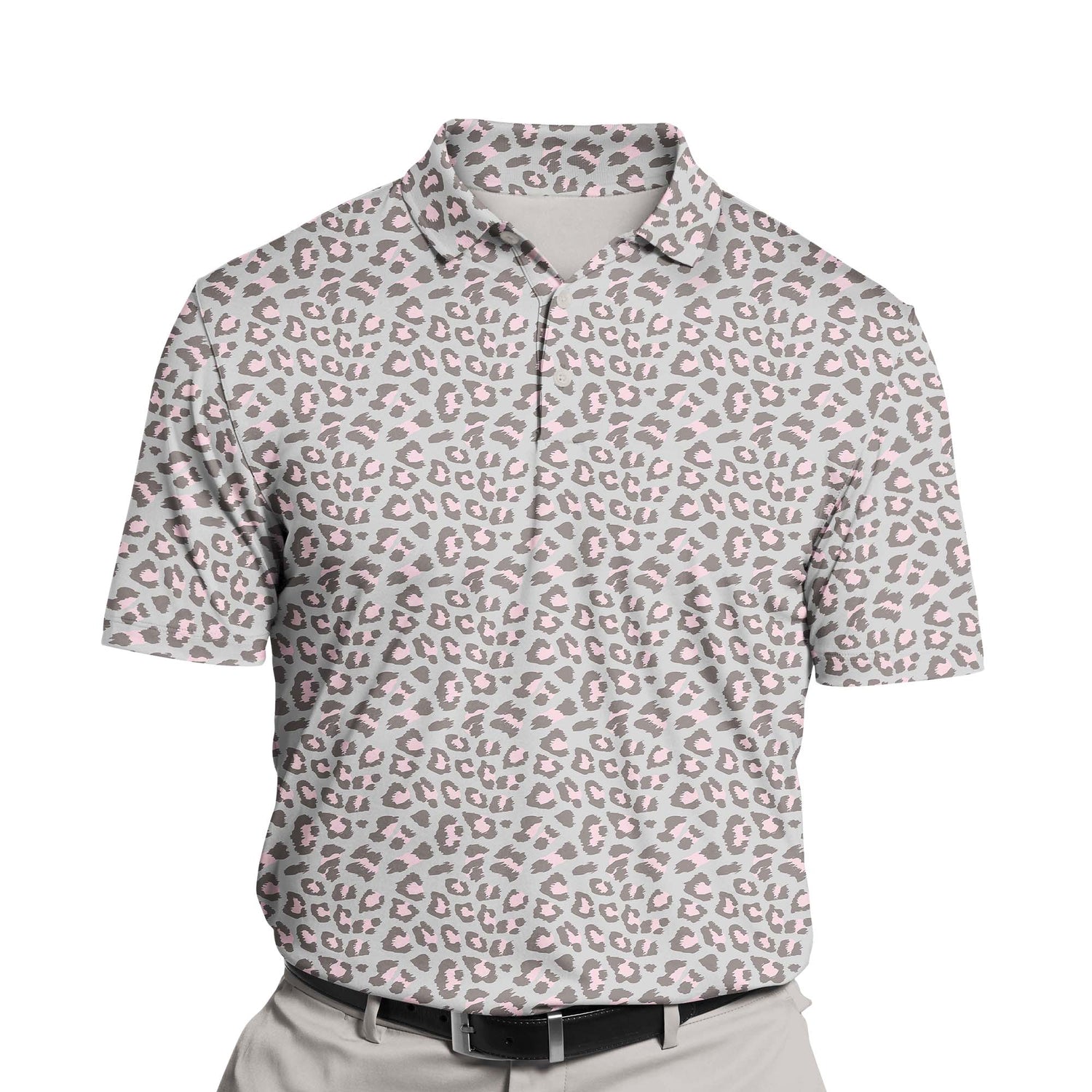 Custom golf clothing with funny faces on wild animal prints.