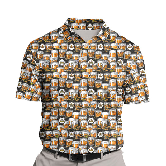 Custom golf shirts with colorful alcohol logos, perfect for any golfer.