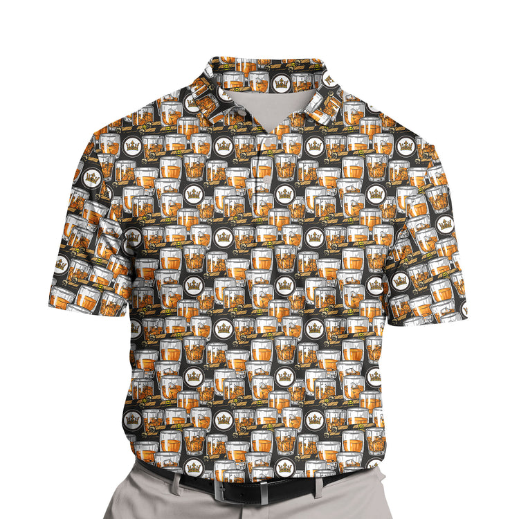 Custom golf shirts with colorful alcohol logos, perfect for any golfer.
