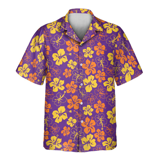 A Purple Floral Hibiscus Custom Hawaiian Shirt featuring vibrant purple hibiscus flowers and tropical floral accents. This comfortable, short-sleeve shirt is perfect for beach vacations, summer parties, or casual island wear, offering a bold and tropical design with a relaxed fit.