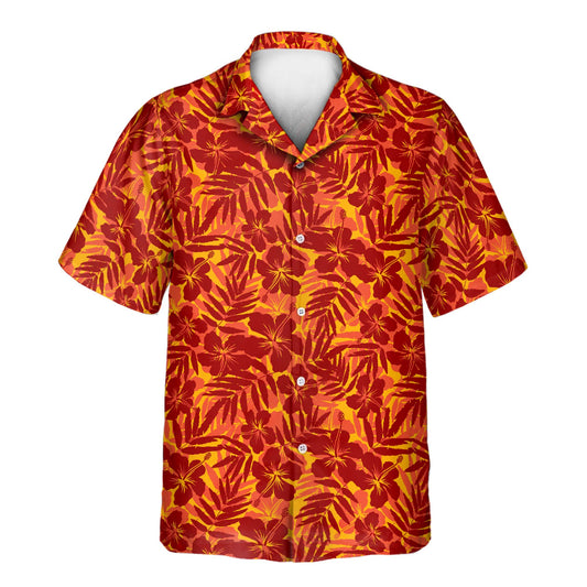 Custom Hawaiian shirts with faces on them, showcasing a red and orange tropical silhouette design with palm leaves and vibrant floral accents for summer style.