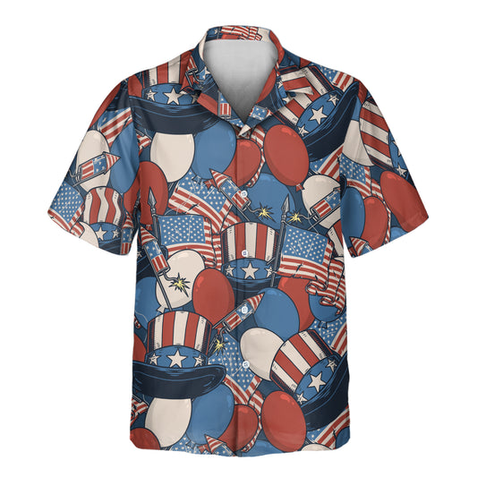 Show your American pride with custom Hawaiian shirts with faces on them, featuring vintage flag motifs, Lincoln hats, and classic red, white, and blue designs.
