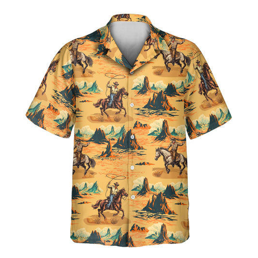 Saddle up with custom Hawaiian shirts with faces on them, showcasing vibrant cowboys, horses, and Western scenes, ideal for casual or special occasions.