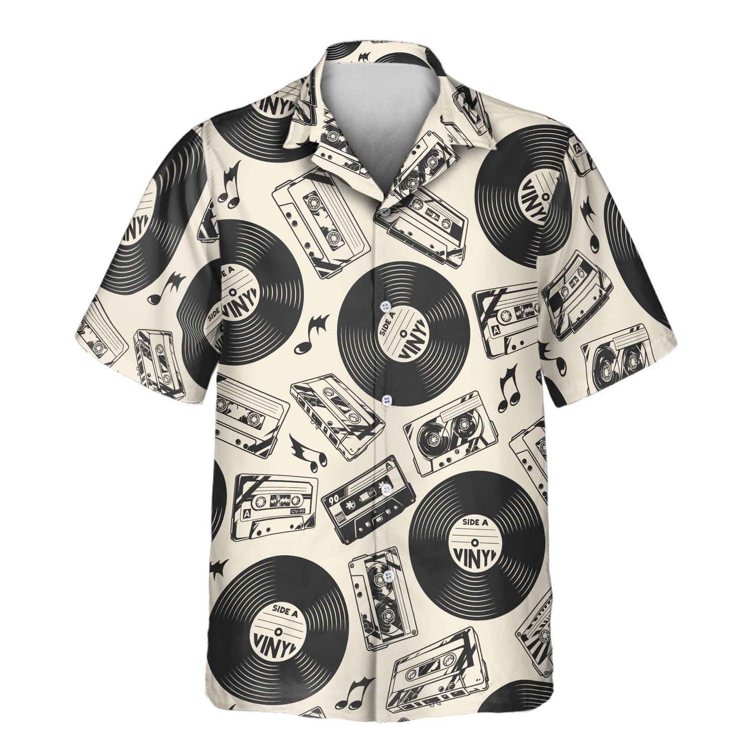 Rock a retro look with custom Hawaiian shirts with faces on them, featuring vinyl record designs, ideal for music fans wanting a unique, tropical flair.
