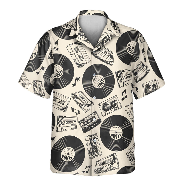 Rock a retro look with custom Hawaiian shirts with faces on them, featuring vinyl record designs, ideal for music fans wanting a unique, tropical flair.