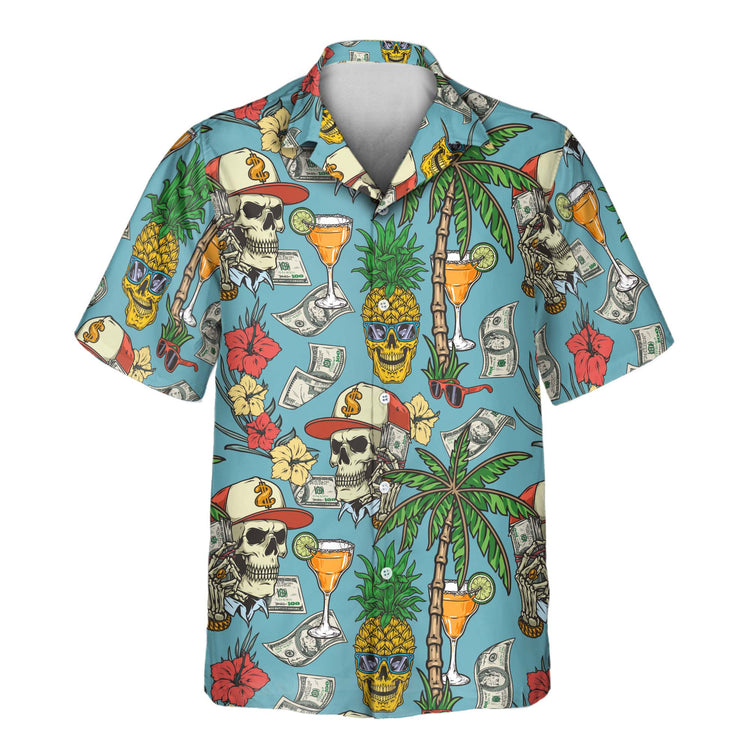 Bold custom Hawaiian shirts with faces on them, showcasing skulls, palm trees, and hibiscus flowers, ideal for adding a fun, retro vibe to tropical events.