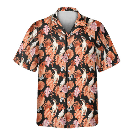 Vibrant Custom Hawaiian Shirts with Faces or Logos, showcasing pink cockatoos, botanical palm leaves, and exotic butterflies for a stylish look.