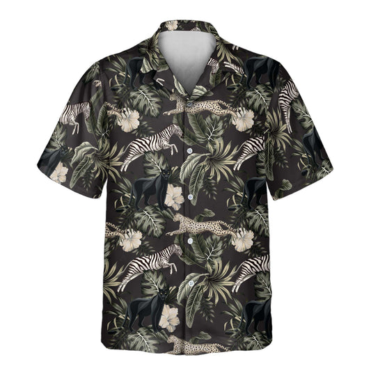 A vibrant Running Wildlife Animal Custom Hawaiian Shirt featuring exotic jungle animals like cheetahs, zebras, jaguars, and panthers in motion. The design includes lush tropical foliage, palm trees, and nature-inspired elements, creating a dynamic safari-themed look. Perfect for wildlife enthusiasts and adventure lovers.