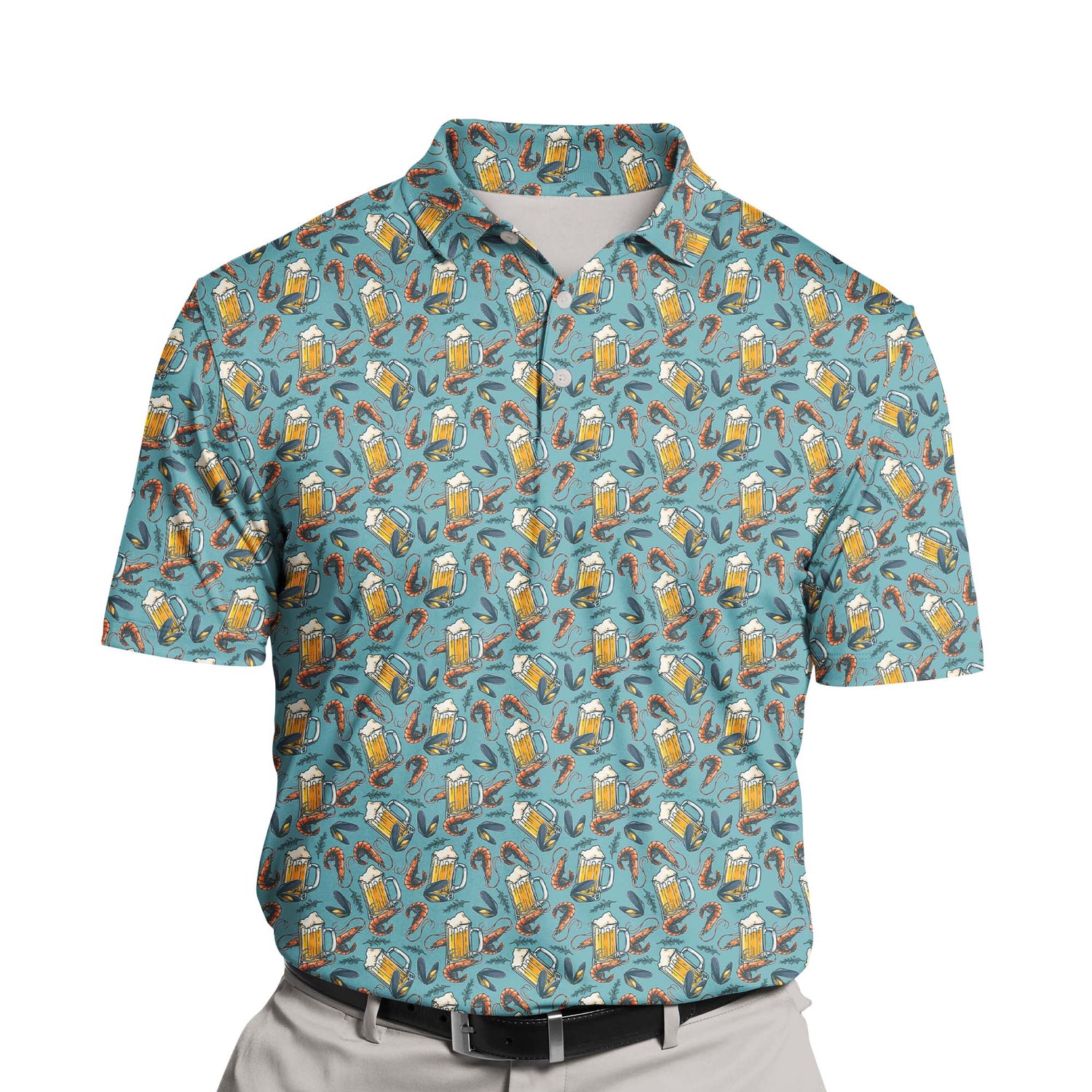 Close-up of funny golf shirts with faces on them, showing breathable cooling fabric and seafood-inspired graphics.