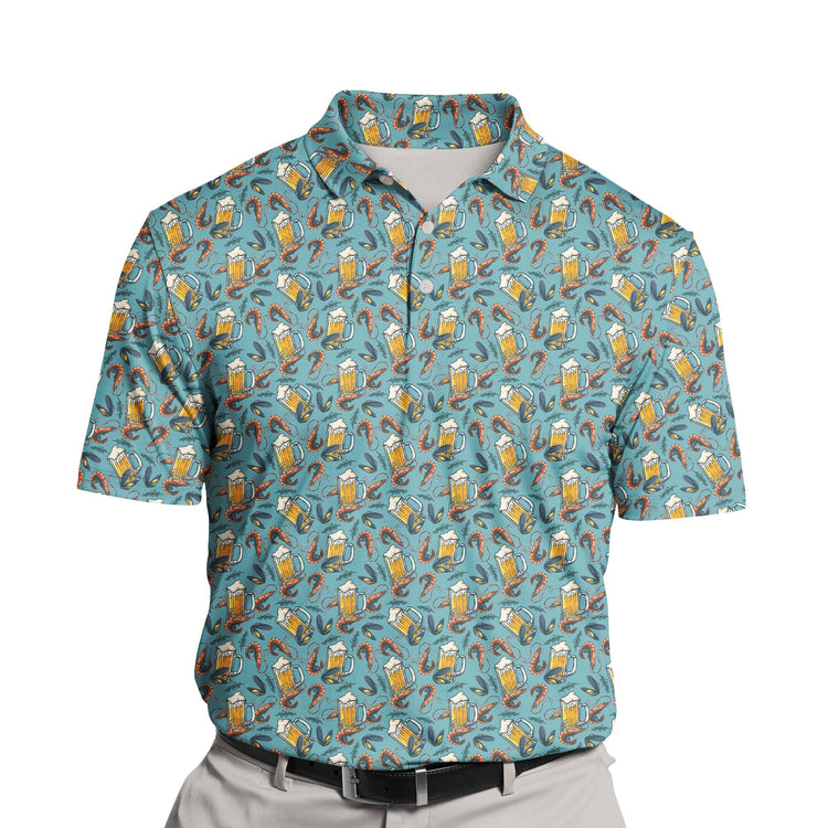 Close-up of funny golf shirts with faces on them, showing breathable cooling fabric and seafood-inspired graphics.