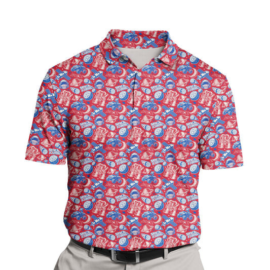 Custom funny golf shirts with faces on them in a retro space theme.