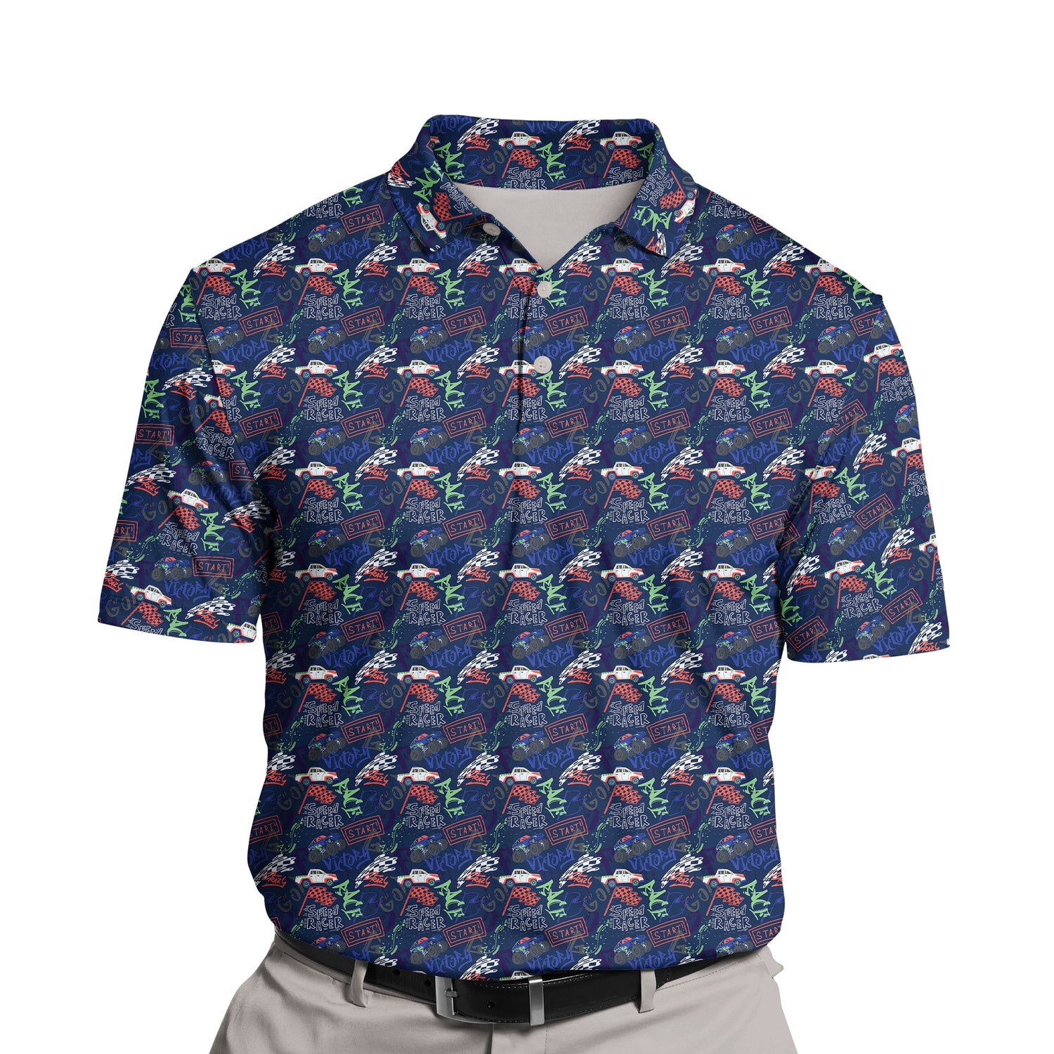 Bright and colorful funny golf shirts with faces and racecars.