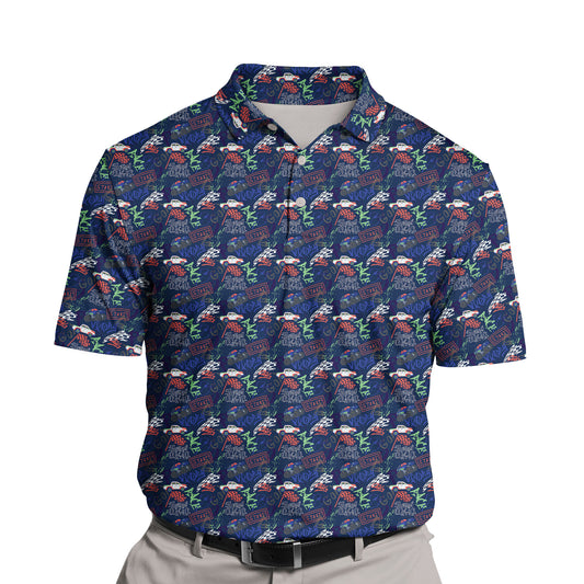Bright and colorful funny golf shirts with faces and racecars.