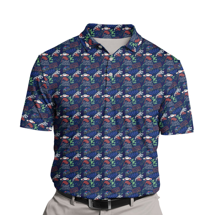 Bright and colorful funny golf shirts with faces and racecars.