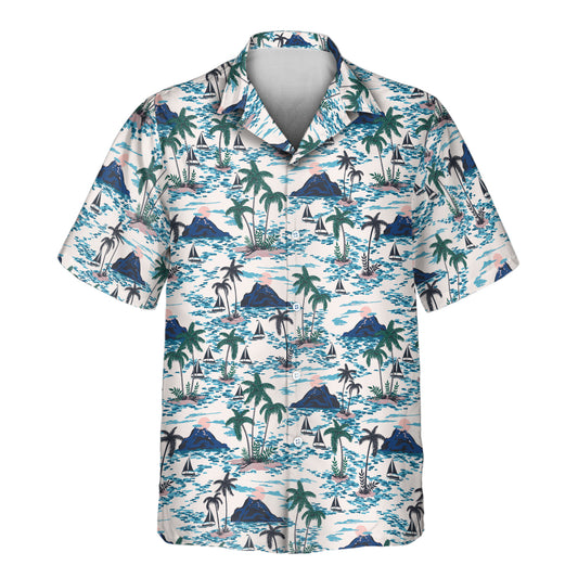 Retro tropical Sunset Sail Custom Hawaiian Shirts with Faces or Logos, showcasing palm trees, boats, and stunning sunsets in a vibrant design.