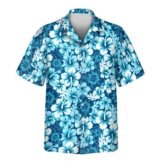 Custom Hawaiian shirts with faces on them, showcasing a vibrant surf floral hibiscus design in blue. Ideal for beach lovers and tropical-themed outfits.