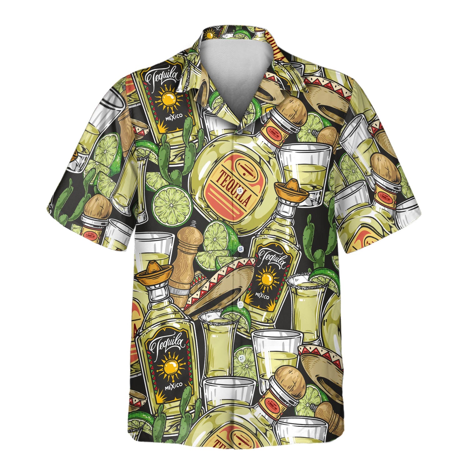 Celebrate in style with custom Hawaiian shirts with faces on them, showcasing tequila bottles, lime slices, shot glasses, and sombreros for any fiesta event.