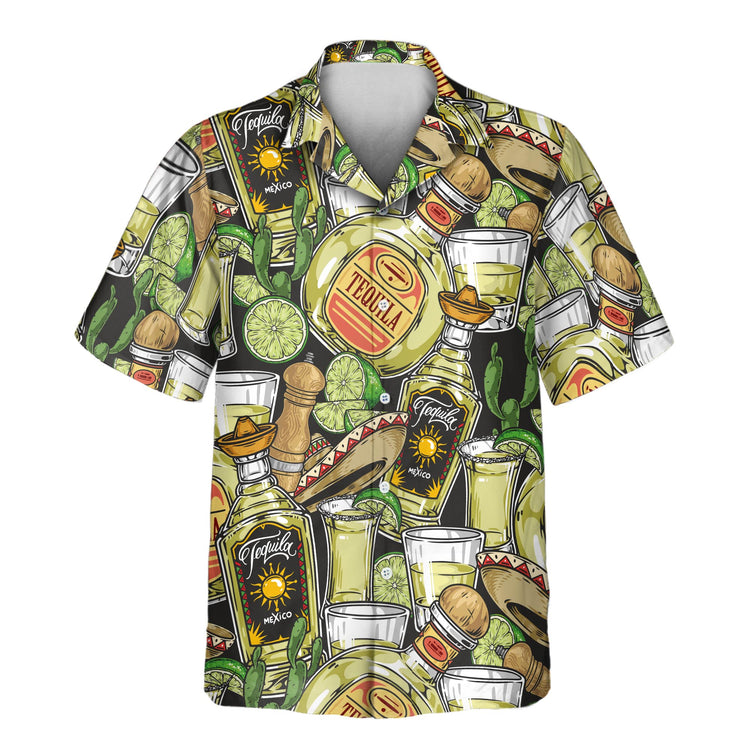 Celebrate in style with custom Hawaiian shirts with faces on them, showcasing tequila bottles, lime slices, shot glasses, and sombreros for any fiesta event.