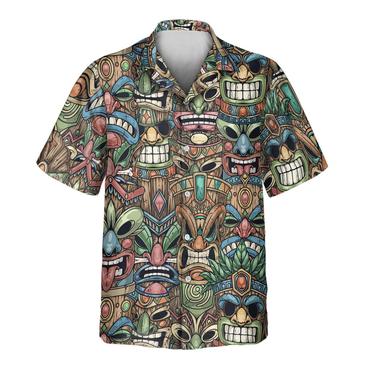 Playful custom Hawaiian shirts with faces on them, showcasing intricate Tiki mask designs in bright colors, ideal for standing out with a tropical island feel.
