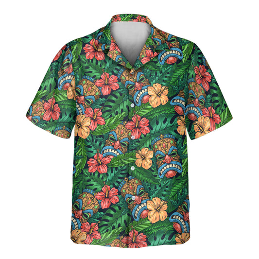 Stand out with Tiki Paradise Warrior custom Hawaiian shirts, featuring fierce tiki designs, unique shirts with faces on them for island warriors.