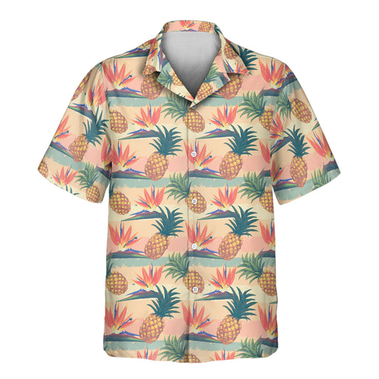 Fun custom Hawaiian shirts with faces on them, showcasing colorful bird of paradise flowers and pineapples, ideal for adding a playful tropical twist to any event.