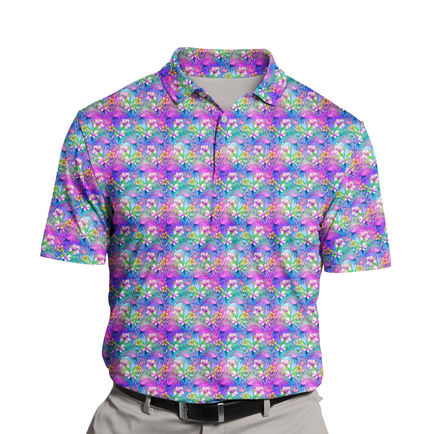 Custom funny golf shirts with logos and neon flamingo faces.