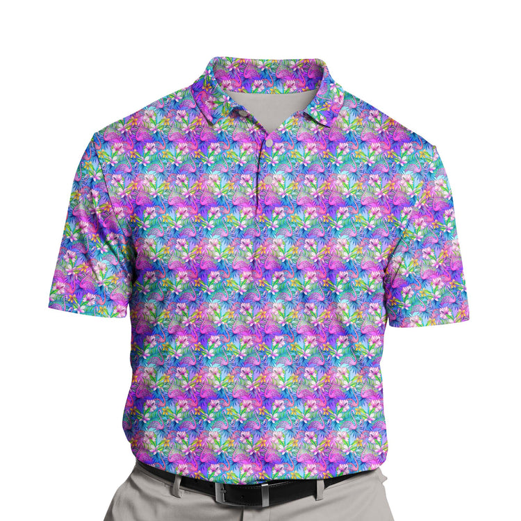 Custom funny golf shirts with logos and neon flamingo faces.