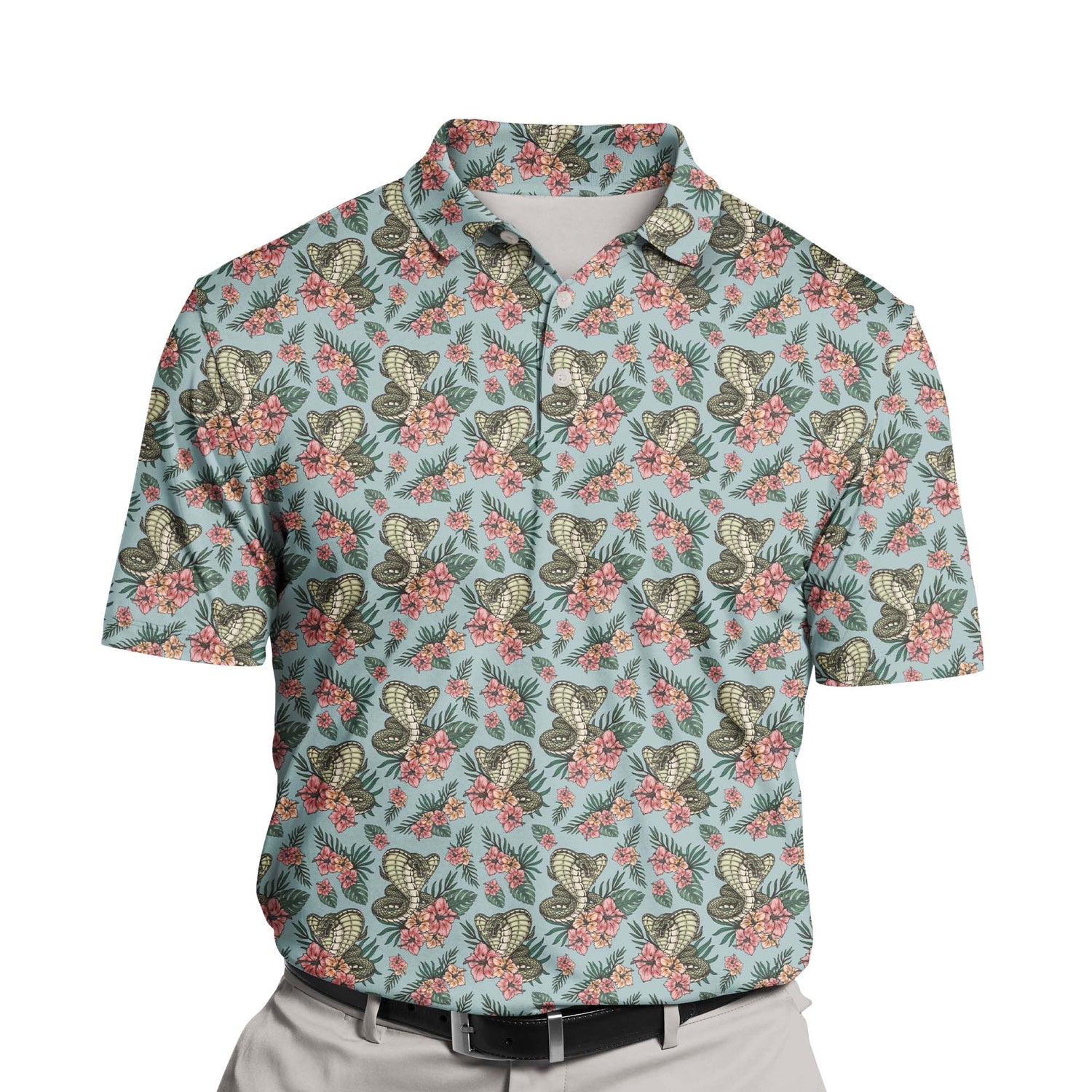 Custom funny golf shirts with faces on them featuring hibiscus flowers.