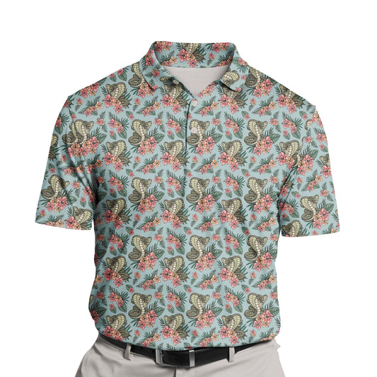 Custom funny golf shirts with faces on them featuring hibiscus flowers.