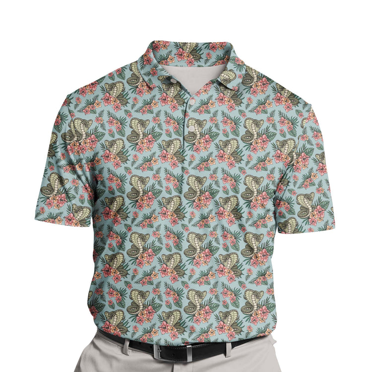 Custom funny golf shirts with faces on them featuring hibiscus flowers.