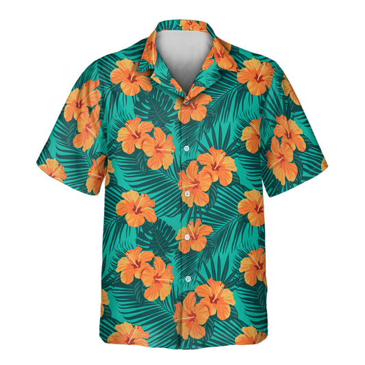 A Tropical Flowers and Palm Leaves Custom Hawaiian Shirt featuring vibrant hibiscus flowers, lush palm leaves, and tropical greenery. This comfortable, short-sleeve shirt offers a relaxed fit, perfect for beach vacations, summer parties, or casual island wear, with a bold and exotic floral design.