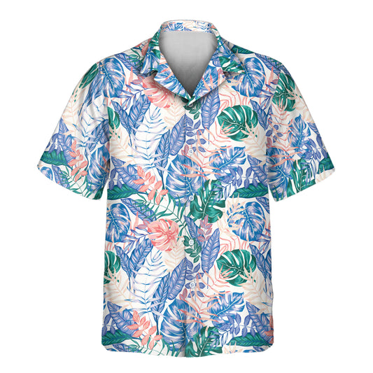 Bright and bold custom Hawaiian shirts featuring lush tropical leaves, philodendron, and palm fronds—ideal shirts with faces on them for summer vacations.