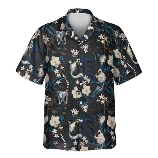 Tropical Night Bloom custom Hawaiian shirts with faces on them, showcasing vivid hibiscus, lemurs, and lush jungle elements in a vintage design.