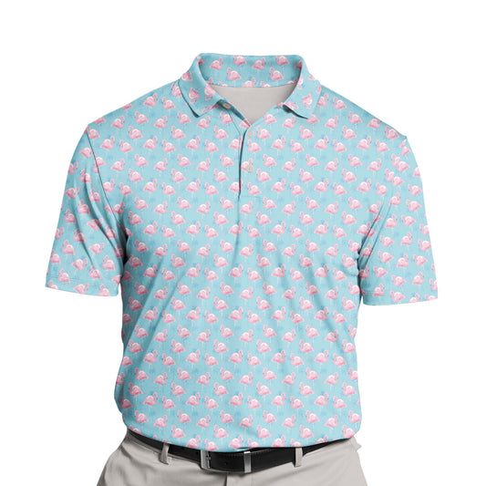 Fun and vibrant funny golf shirts with faces, featuring pink flamingos.