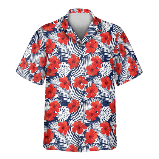 Custom Hawaiian shirts with faces on them featuring vibrant red flowers and palm leaves, ideal for summer wear and stylish tropical fashion.