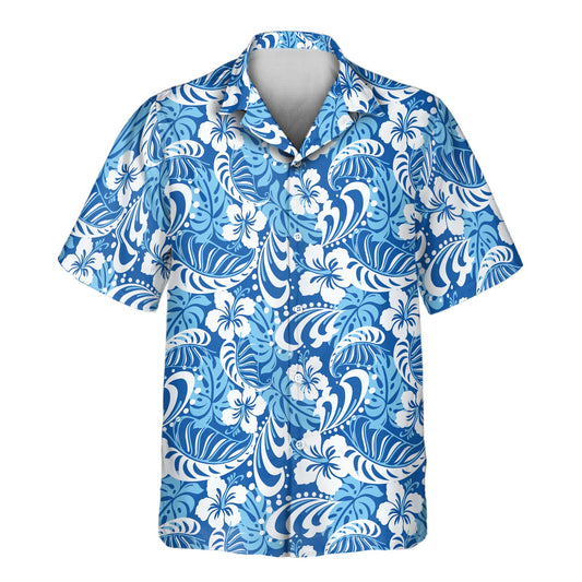 Stylish Tropical Royal Blue Custom Hawaiian Shirts with vibrant floral patterns, ideal for shirts with faces on them or unique logo customization.