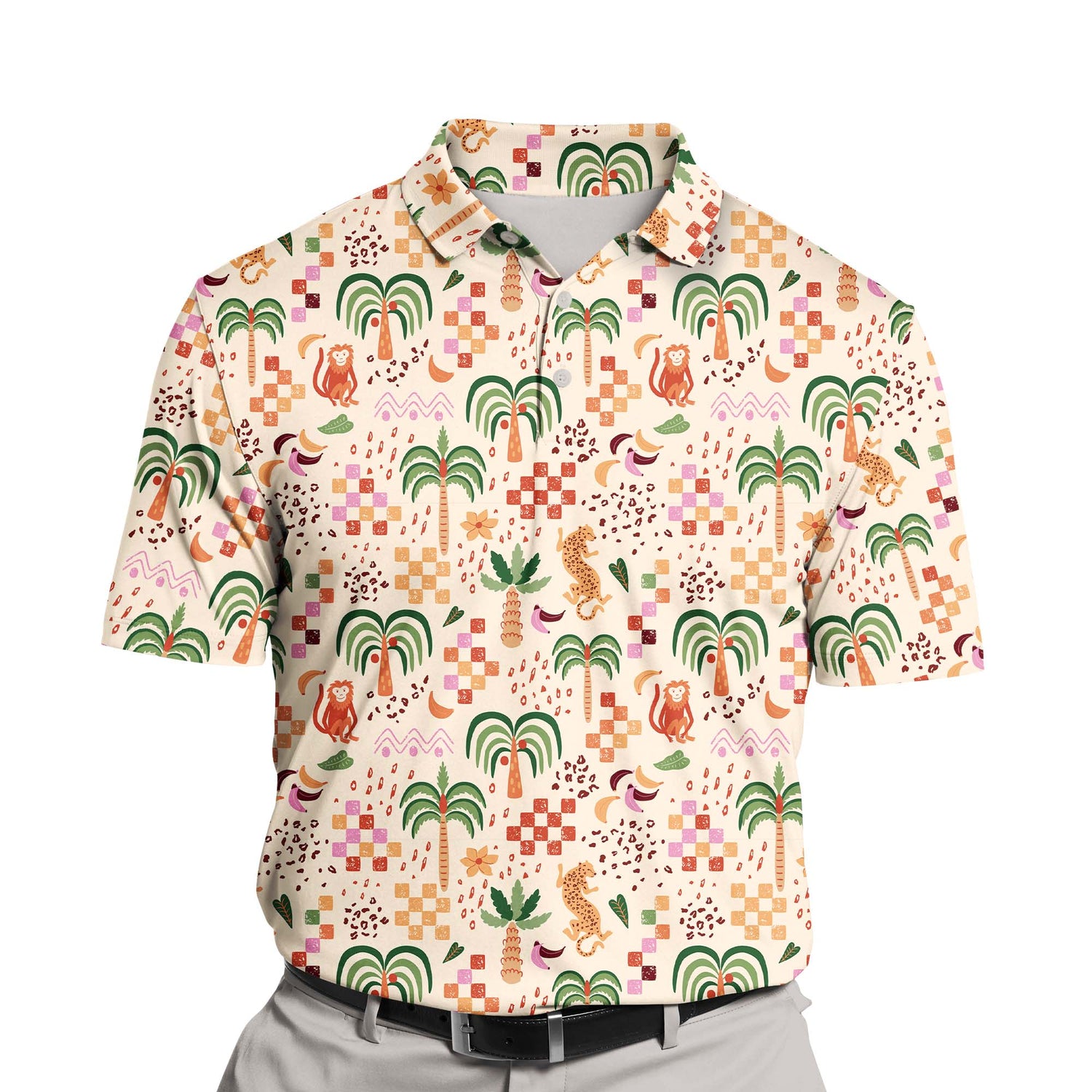 Bright and colorful Tropical Summer Vacation shirt showcasing funny golf shirts with faces on them for a fun day on the course.