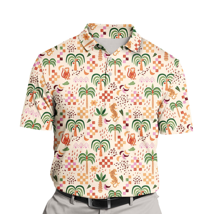 Bright and colorful Tropical Summer Vacation shirt showcasing funny golf shirts with faces on them for a fun day on the course.