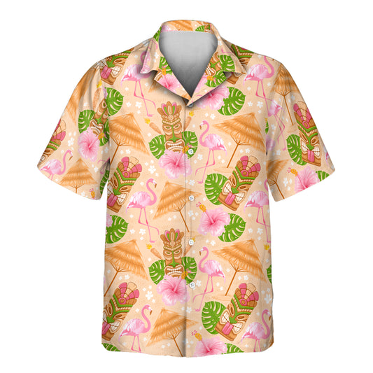 Custom Hawaiian shirts featuring lively tiki masks, hibiscus flowers, and bright tropical designs. Festive shirts with faces on them for your summer celebrations.