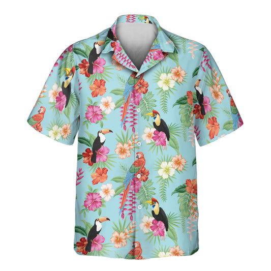 Vibrant custom Hawaiian shirts with faces on them, showcasing toucans, macaws, lush palm leaves, and bright hibiscus flowers for a bold tropical style.