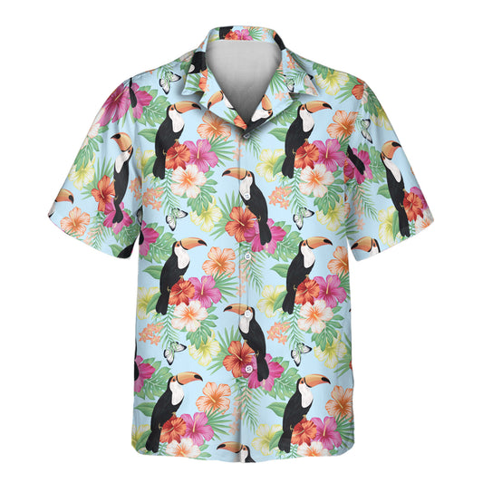 Show off your style with our Custom Hawaiian Shirts, showcasing lively palm leaves and toucans, ideal for shirts with faces on them or unique designs.