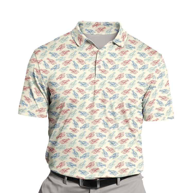 Custom funny golf shirts with faces on them and lobster designs.